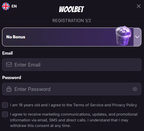 WoolBet registration form with email and password fields, age verification and a no-bonus option