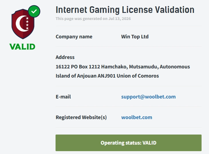 Woolbet Casino license validation page showing Win Top Ltd and valid gaming licence status