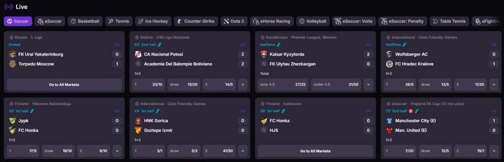 Woolbet Casino live sports betting interface with football matches and betting markets