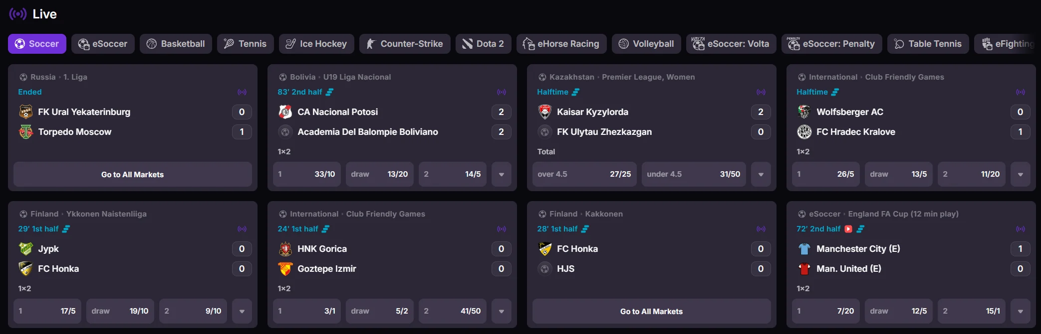 Woolbet Casino live sports betting interface with football matches and betting markets