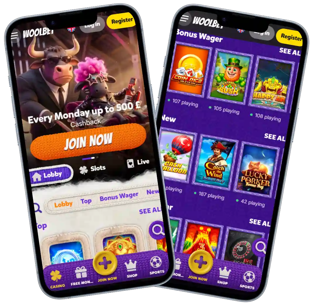 Woolbet Casino mobile version displayed on smartphones with casino games and promotions