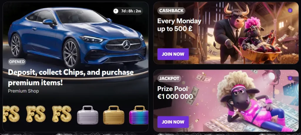 Woolbet Casino promotions page showing Premium Shop, cashback offer and jackpot prize pool
