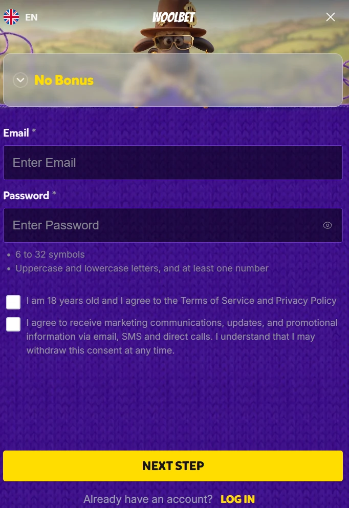 Woolbet Casino registration form with email, password fields and account creation steps
