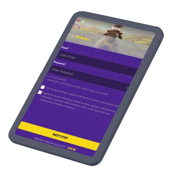 Woolbet Casino registration form with email password and age confirmation